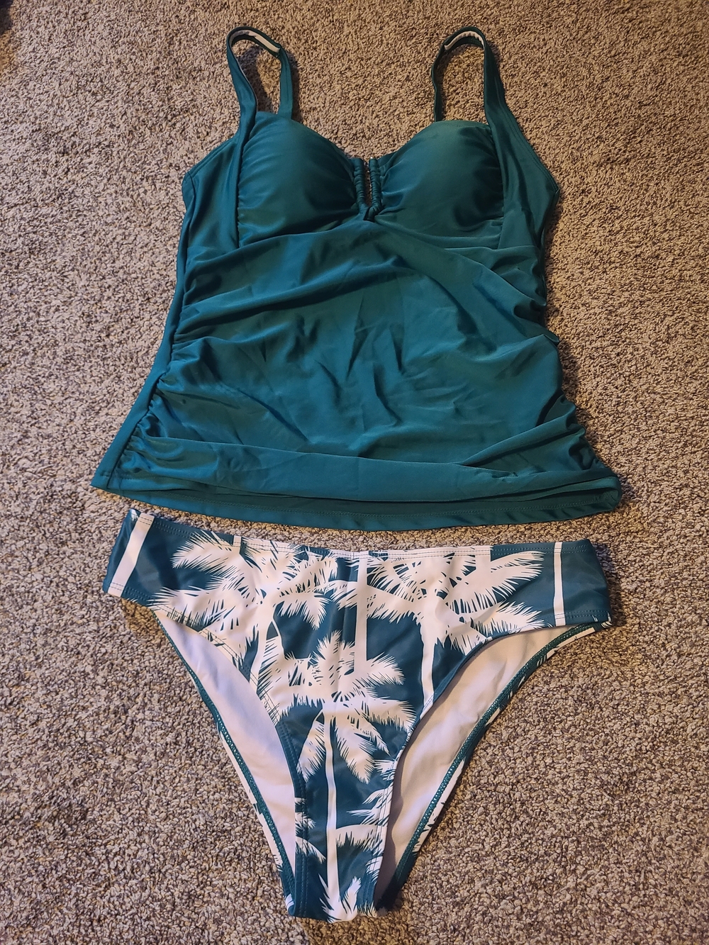 Cupshe Teal Green Tankini with White Palm Print Bikini Bottom